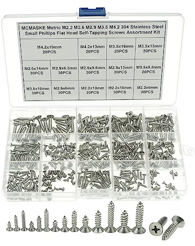 MCMASKE Metric M2.2 M2.6 M2.9 M3.5 M4.2 304 Stainless Steel Phillips Flat Head Self Tapping Screws/Pointed Screws Assortment Kit