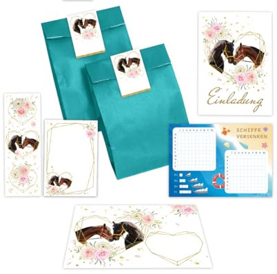Minkocards 12 Einladungskarten zum Kindergeburtstag Mädchen Pferd zwei Pferde incl. 12 Umschläge, 12 Partytüten/petrol, 12 Aufkleber, 12 Lesezeichen, 12 Blöcke, 12 Schiffe versenken Einladungsset