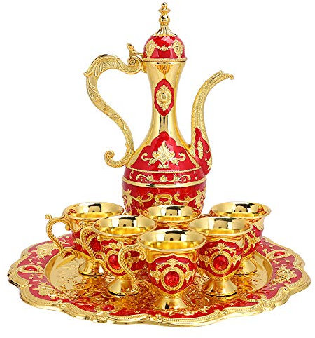 Leopacat Turkish Tea Set,Vintage Turkish Coffee Maker,European Wine Decanter and Tumbler with 6 Coffee Cups and Tray,Metal Coffee Mug Set for Home Tea Party Household Ornaments Wedding Gift Tea Party