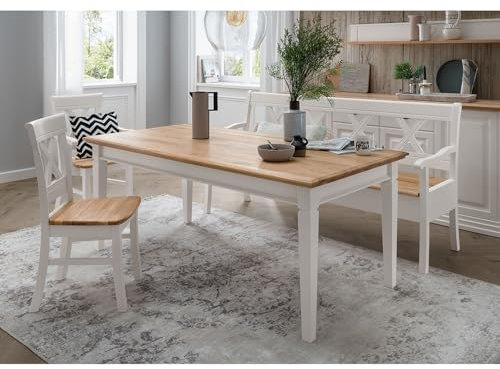 Lomadox Esstischgruppe Esszimmermöbel weiß 4-teilig Landhausstil, 1 Tisch 180x90cm, 1 Bank, 2 Stühle