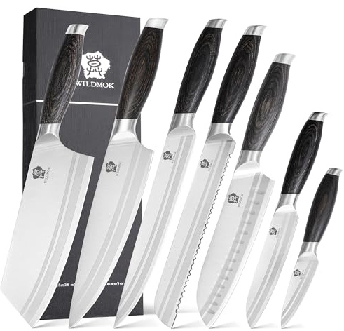 WILDMOK Professionelles 7-teiliges Küchenmesserset, scharfes Kochmesserset aus deutschem Edelstahl mit schwarzem Pakkaholzgriff, Geschenkbox