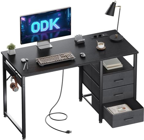 ODK Scrivania con 3 Cassetti 1 USB 2 Prese Reversibile 120x48x75,5cm