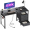 ODK Schreibtisch mit 3 Schubladen aus Stoff, Computertisch mit 2 Steckdosen und USB-Buchsen, Umkehrbarer PC Tisch Bürotisch für Home Office(Schwarz, 120x48x75.5cm)