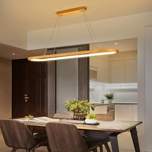 LED Pendelleuchte Holz Dimmbar Esstisch Hängelampe Höhenverstellbarer Esszimmerlampe Modern mit Fernbedienung Wohnzimmer Tisch Deko Decke Hängeleuchte Küchen Hängend Lampen (Warmes Licht, L120cm)