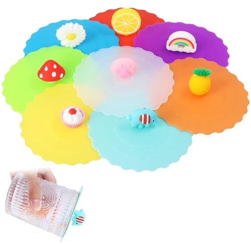 Nivofu,8 Pcs Tapa de Copa de Silicona,Reutilizables Tapas para Taza Antipolvo,Silicona de Grado Alimentario Tapas,Dibujos Animados Tapa de Vaso para Taza de Café,Vasos de Cerveza,Tazas de Té