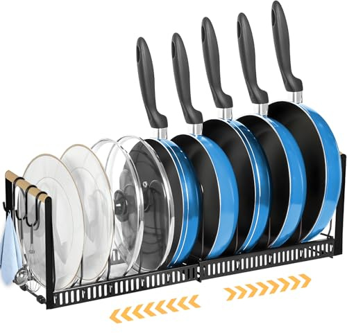 RDDAIPE Soporte para sartén para cajón con 10 divisores ajustables, organizador de ollas, soporte para tapas de ollas extensible para cocina