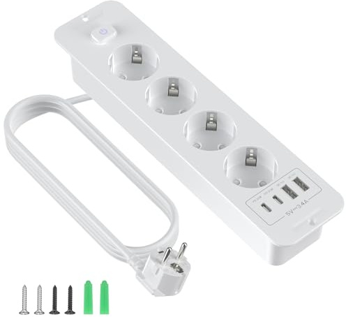Einbausteckdose mit USB, 4 Fach Steckdosenleiste Versenkbar mit USB A und Type-C, 8 in 1 Tischplatte Versenkte mit 2M Verlängerungskabe, Einbau Steckdosenleiste für Büro, zu Hause (Weiß)