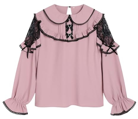 Cuteighteen Peter Pan krage blus kvinnor Lolita-skjorta viktoriansk fin spets genomskinlig långärmad söta toppar trendig 2024 höst, Rosa, L