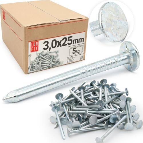 Clous de toiture galvanisés 3x25mm - boîte 5kg (env.2850 pcs), clou feutre bitumé, shingle, pointe pour toit cabane, abri jardin, maison bois, clous vis et fixations | Lun Fix