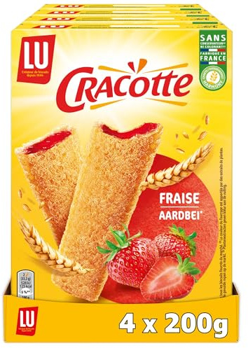 Lu Cracotte - Cracottes Croustillantes Fourrées à la Fraise - 4x200g | 4 Boîtes de 200g | Tartines croustillantes fourrées à la fraise | Idéal pour le petit déjeuner et le goûter