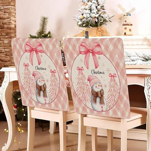 Hiseng Weihnachten Stuhlhussen 3D-Druck Stuhlrückenbezug 2/4/6/8er Set, 58x49cm Schutzhülle Baumwoll-Leinen Weihnachten Dekoration für Esszimmerstühle, Party (6er Set,Rosa Yeti 1)