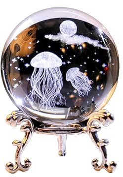 KEFSR Kristallkugel-Figuren-Kollektion, 3D-geätzter Delfin, Rose, Qualle, Kreuz mit Elegantem Metallständer, Vollkugelige Briefbeschwerer Zum Basteln für Zuhause, Valentinstag, (Qualle)