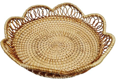 RT&BS Natural Rattan Fruit Basket, Rattan Bread Basket with a Floral Pattern, Natural Wicker Display Baskets, Handwoven Rattan Storage Baskets for Bread, Fruits, Eggs, Snacks, Candy, Keys, Small items
