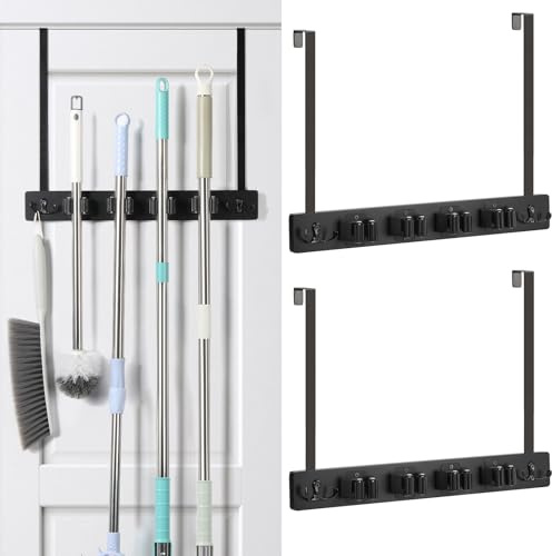 Lot de 2 supports de balai noirs avec 2 crochets de porte pour balai et serpillère à suspendre au mur avec 4 supports et 4 crochets pour buanderie, garage, placard, maison