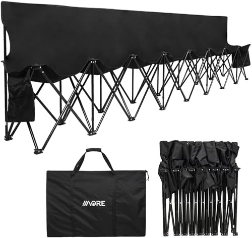 1MORE Banc de football, banc pliable portable, 8 places avec dossier, noir | Bancs latéraux pliables, chaise de football avec sac, chaise d'équipe adulte pour camping, événements sportifs