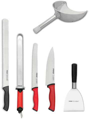 Pirge Set de 6 Couteaux à Gyros & Döner - Couteau Dentelé 35cm, Chef, Pain et Fusil 30cm - Pelle et Spatule en Acier Inox - Qualité Pro