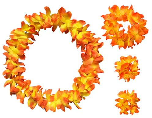 4Pcs Blumenkette Deko Blumen Hawaii Ketten Blumen Mit Armband Halskette Stirnband Blumengirlande für Hawaii Strandpartys Birthday Party Carnival (orange)