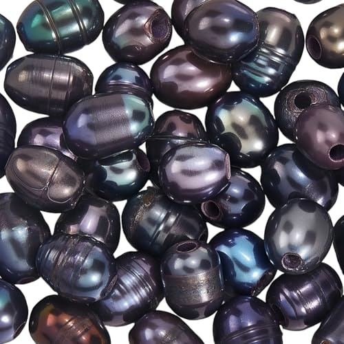 PONABEADIY 1 Scatola da 50 Pezzi di Perle Ovali d'Acqua Dolce Naturali Nere da 7~10mm, Perle da 1.8mm, Grandi, A Forma di Riso Coltivato, Perle Vere Sfuse, per La Creazione di Gioielli, Bracciali, C