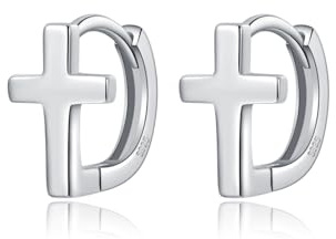 Reffeer Solid 925 Sterling Silver Cross Hoop Earrings for Women Teen Girls Small Cross Huggie Earrings (A-Silver)