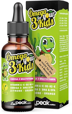 OMEGA 3 for your KIDS Omega-3 DHA & EPA Tropfen für Kinder – Mit Vitamin D3, K2, A, C & E – Vegan, Zitrone-Orange Geschmack, 20 ml für ca. 4 Monate