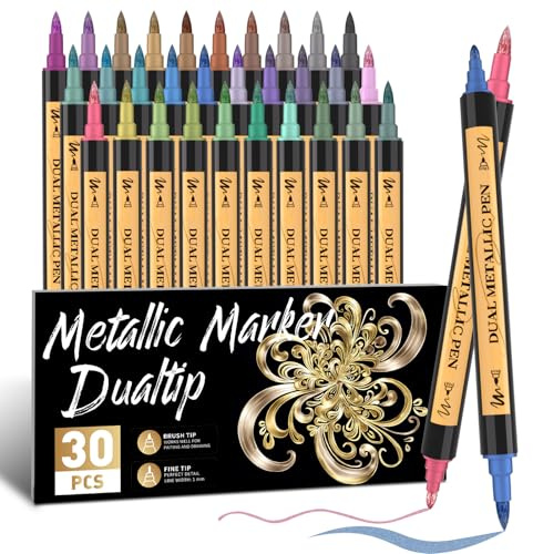 ABEIER 30 Metallic Acrylic Paint Pens, Dual Tip (Fine & Brush) Metallic Pens for Paper, Rock, Wood, DIY Photo Album, Card Making, Scrapbook Supplies, Metal, Ceramic, Glass for Adults