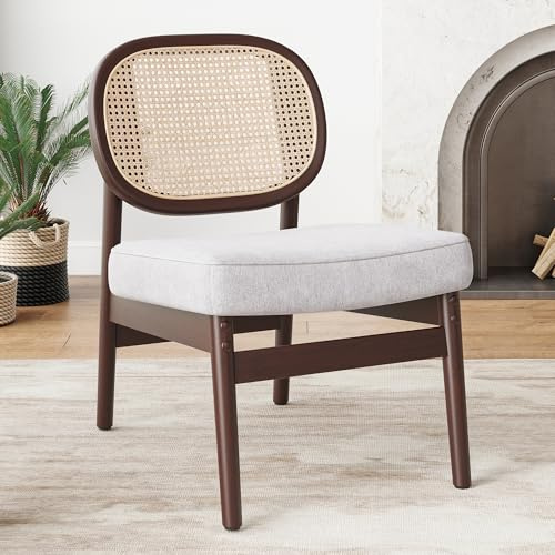 Farini Accent Chair, Upholstered Vintage Chair with Breathable Rattan Backrest, Thickened Cushion, Wooden Modern Chair for Livingroom, Farmhouse, Kitchen Indoor, Beige
