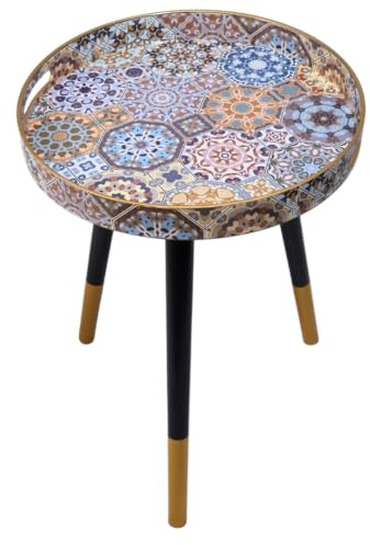 Heaven4you Round Side Table 38cm Boho Mosaic Black Gold Legs Small Spaces