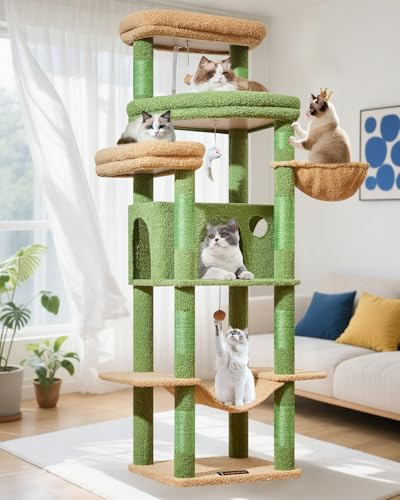 Taoqimiao Cat Tree, 180cm Cat Towers Large Cat Tree for Indoor Cats | with 9 Scratching Posts, Spacious Platform, Cozy Hammock, Top Perch, Widened Cat Condo, Green MS034T