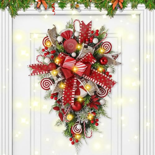 Weihnachten Türkranz Beleuchtet, Weihnachtskranz Tür Außen mit LED Licht, Batteriebetrieben Weihnachten Türschmuck, Weihnachtskranz Haustür für DIY Haustür Fenster Wand Weihnachtsdeko (01)