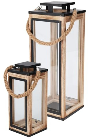 Mojawo 2-teiliges Laternen-Set aus Holz mit Metalldach - dekorative Deko-Laternen mit Tür & Glas - für drinnen & draußen, ca. 32 + 50 cm hoch