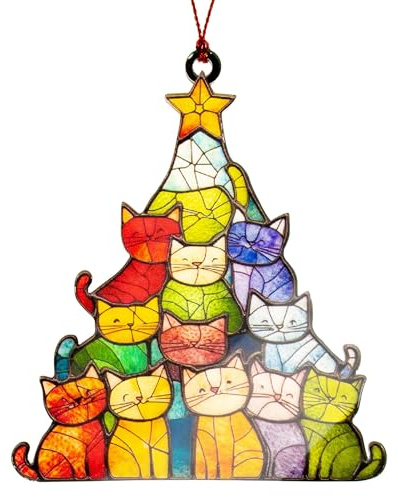 Figuras de Gatos Coloridas para Navidad, Adorno Colgante Tipo Atrapa Sol con Diseño de Árbol de Navidad, Decoración Miniatura de Gatitos para Árbol,Figura Gato Acrílica para Amantes de los Gatos