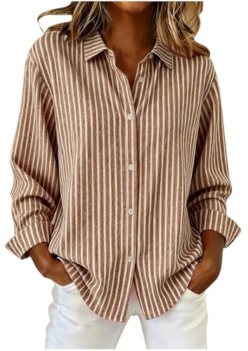 Dyhxuan Chemise rayée à manches longues pour femme - Chemise boutonnée à manches longues - Décontracté - Rayures - Coupe ample - Chemise à manches longues, marron, L