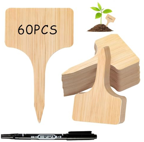 60 Pcs Plant Labels with Pen Set,T-Type Wooden Plant Labels for Outdoor Garden Patch Vegetable Flower Seed Herb