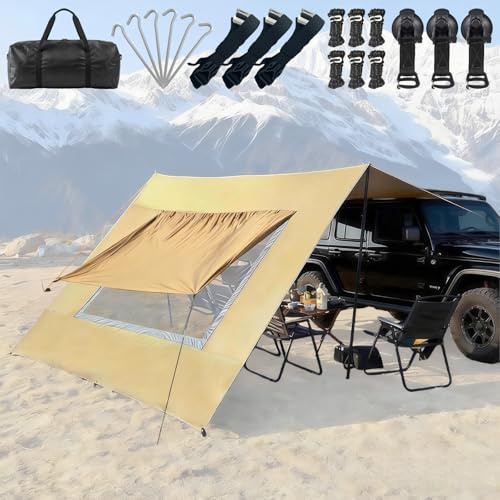 2,8 x 4,8 m - Auvent de caravane - Tente de hayon pour camping-car, bus, van, étanche et protection solaire - Voile d'ombrage universelle - Tente de voiture - Store avec fenêtre d'écran