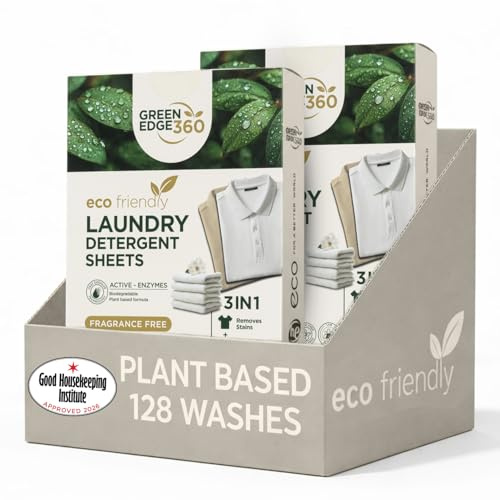 Green Edge 360 Laundry Detergent Sheets Eco-Friendly, Plant-Based Natural Washing Detergent for Up to 64 Loads Travel Friendly, Hot and Cold Washes (128 Sheets (2 Pack), Fragrance Free)