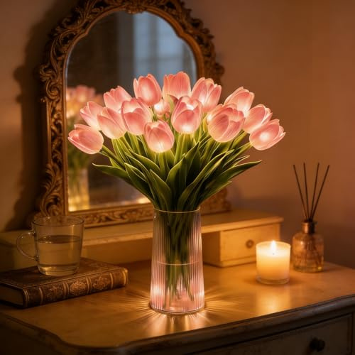 CliffofLove strålande romantisk tulpantändare, 15 st blinkande träd tulpaner LED-nattlampa som aldrig bleknar, blomformad omgivande nattlampa för sovrum, sängbord dekor och gåva (rosa)