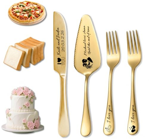 Takuno Personalised Wedding Cake Cutting Set Custom Cake Knife and Server Set Engraved Stainless Steel Knife and Fork Customised Gifts for Wedding Birthday Anniversary(4Pcs,Gold)