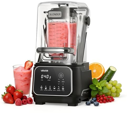 VEVOR Batidora de Vaso con Jarra de 2 L, 2200 W, 26000 RPM, Licuadora Profesional con Protector, Velocidad Ajustable, 6 Programas Preestablecidos para Batidos, Trituración de Hielo, Purés, Negro