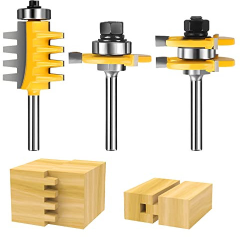 Router Bit Set, 3PCS 1/4-Inch Shank Tongue and Groove Router Bit & Reversible Finger Joint Router Bit,Woodworking Chisel Cutter for Density Boards, Solid Wood, MDF, Chipboard, Splints, Etc.