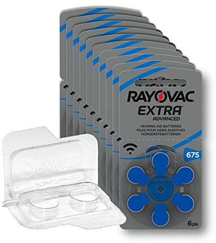 60x Rayovac Extra Advanced 675 Hörgerätebatterien 10x6er Blister PR44 Blau 24600 + Aufbewahrungsbox für 2 Hörgerätebatterien (10, 13, 312, 675), Batteriebox für 2 Knopfzellen bis 12 mm x 6 mm (Ø x H)