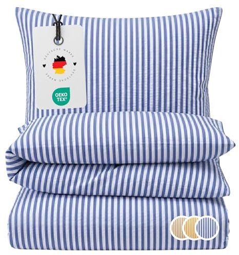 Carpe Sonno Seersucker Bettwäsche 155x220 Baumwolle [Bügelfrei] | Leicht kühlende 155x220cm Bettwäsche Seersucker | Sommer Bettbezug 155x220 mit Streifen | Sommerbettwäsche gestreift Blau Weiß