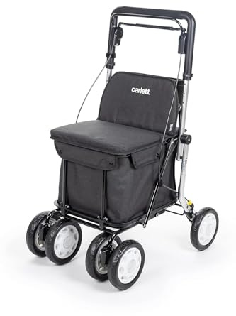 CARLETT | Shoppingvagn med gångstöd och sittalternativ | Lett900 Senior Assist | medicinsk produkt klass I hopfällbar kundvagn med 4 hjul, väska (38 L/15 kg) | Svart