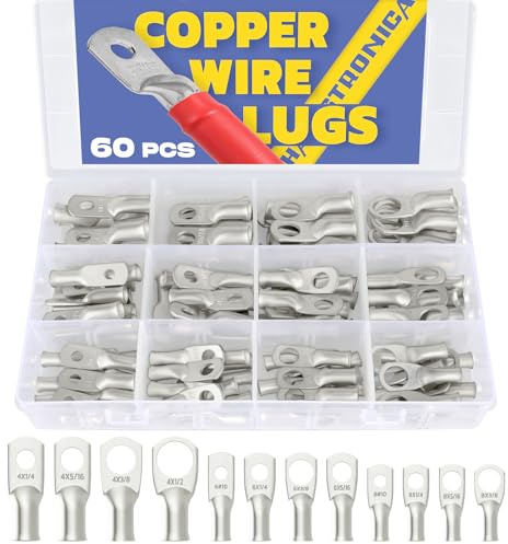 haisstronica 60PCS Tinned Battery Terminals Cable Lugs Kit,AWG 8 6 4 Heavy Duty Copper Wire Lugs,Eyelets Tubular Ring Terminals Battery Lugs(4Sizes/12Types)