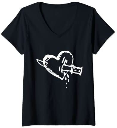 Damen Dolchmesser durch Herz zeichnen T-Shirt mit V-Ausschnitt