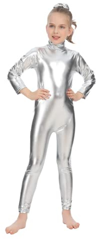 Bodies de Danza Brillante para Ballet, Mono de Manga Larga con Cremallera, Leotardo Body Nude para Gimnasia Deportiva Rítmica, Jumpsuit Niña Elástico Bailarina Yoga 1-12 años (4-6 años, Plateado)
