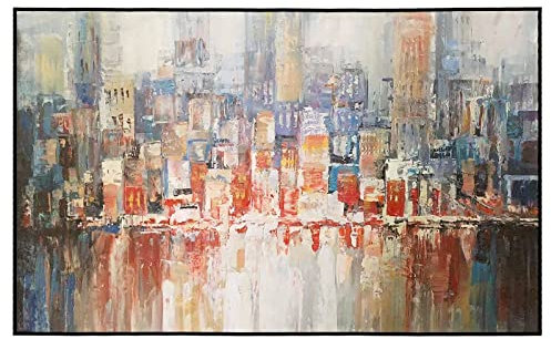 Acrylbilder, Buntes Gitter Stadt Gebäude Flussufer Landschaft Abstrakte Kunst Moderne Kunstwerke Gemälde Handgemalte Ölgemälde Auf Leinwand Wandkunst Für Wohnzimmer Schlafzimmer Büro Wohnkult
