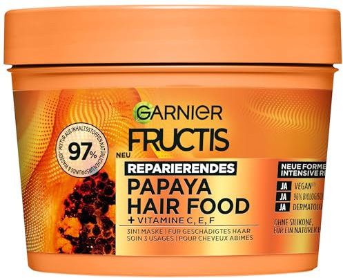 Garnier Fructis Papaya Haarmaske, Leave-In für geschädigtes Haar und mehr Geschmeidigkeit, Reparierend und Regenerierend, Vegane Formel, Ohne Silikone, Hair Food, 3in1, 400ml