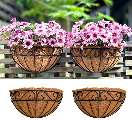 LaLaGreen 16 Inch Wall Hanging Planters - 2 Pack, Large Wall Mounted Flower Basket with Coco Liner, Black Metal Horse Trough Window Herb Pot Holder Outdoor Plants Fence Rail Railing Deck Porch Balcony