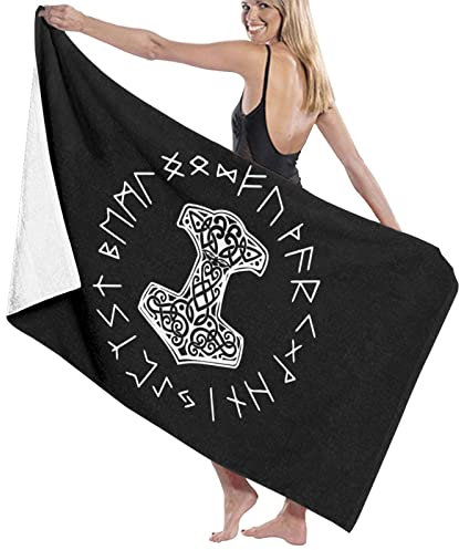 Strandtuch Wikinger Mjolnir Und Runenrad Symbol Der Nordischen Mythologie Mikrofaser Tragbares Strandtücher Saugfähig Sporthandtücher Für Männer Spa Pool 80X130Cm