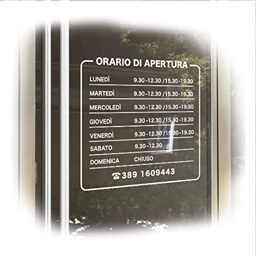 ADESIVO Orari di Apertura PERSONALIZZATO Scritta adesiva Orario di Lavoro settimanale Negozio per interni ed esterni personalizzabile
